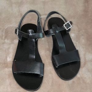 Urban Outfitters Black Leather T-Strap Sandals